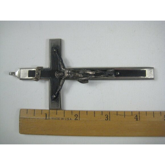 Vintage Metal Crucifix Pendant Christ Figure Silver Cross Inlay Ebony Wood Steel - Picture 3 of 5
